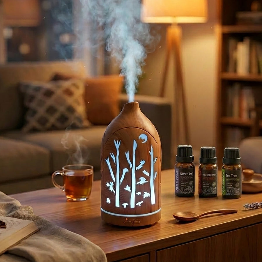 Glowing Forest Cutouts Diffuser | Light Wood | Ultrasonic Aromatherapy Humidifier with Essential Oils