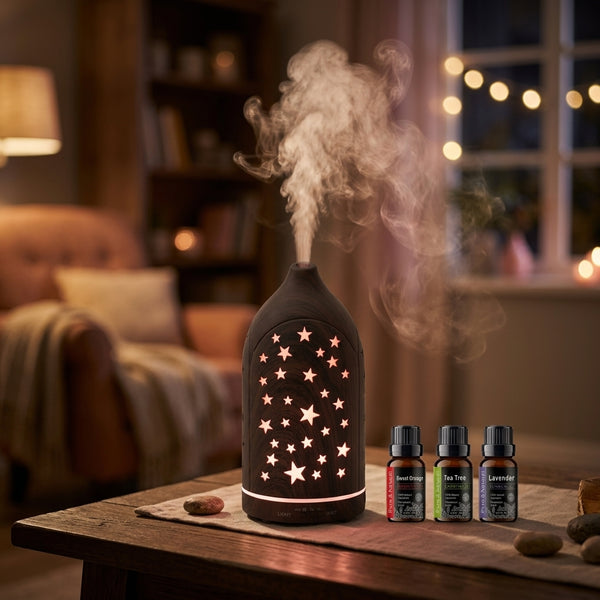 Glowing Star Cutouts Dark Wood Diffuser with Essential Oil Set
