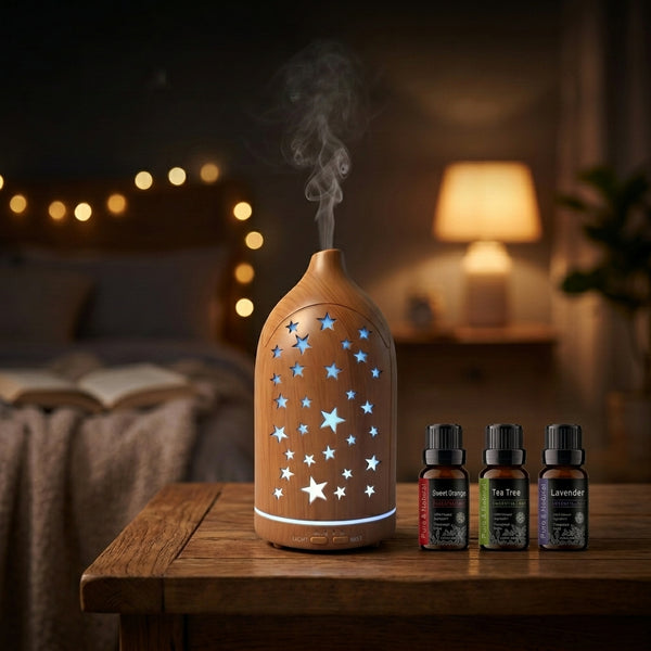 Glowing Star Cutouts Light Wood Diffuser with Essential Oil Set