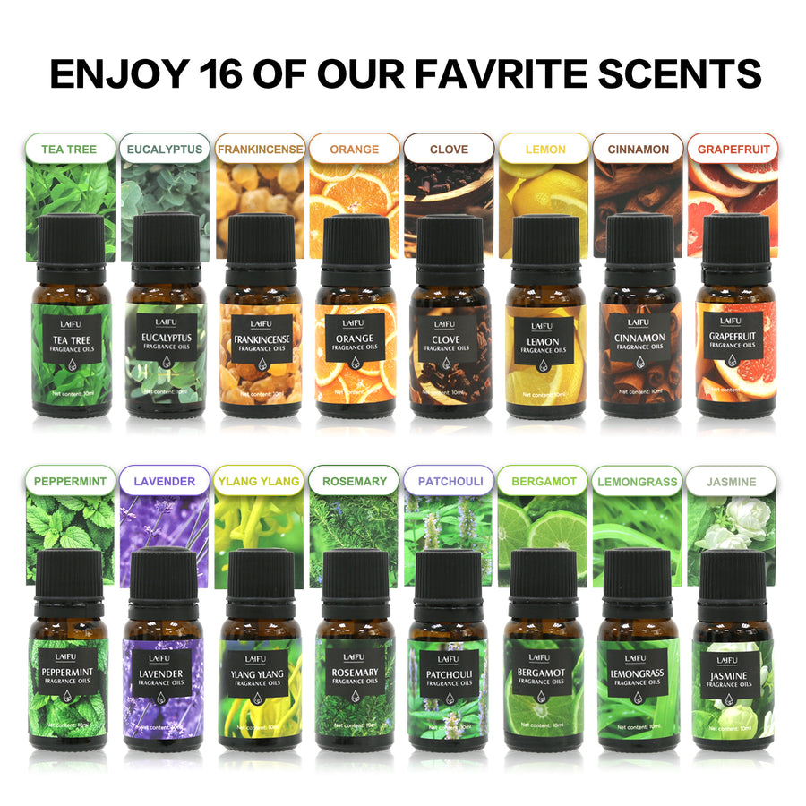 Visual guide to enjoy 16 favorite scents from the LAIFU fragrance oil set: Tea Tree, Eucalyptus, Frankincense, Orange, Clove, Lemon, Cinnamon, Grapefruit, Peppermint, Lavender, Ylang Ylang, Rosemary, Patchouli, Bergamot, Lemongrass, Jasmine.