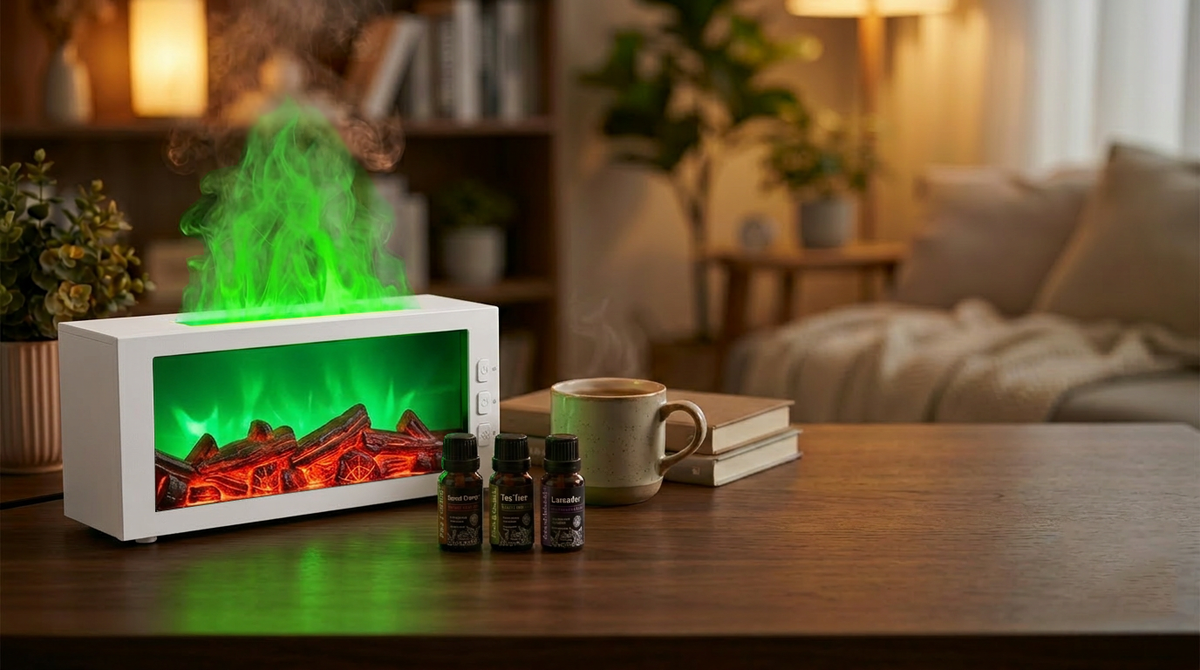 White fireplace diffuser creating a unique green flame effect with mist, placed on a wooden table with a coffee cup and 3 essential oil bottles.