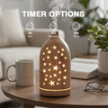 Infographic of the light wood star aroma diffuser timer settings: 1 Hour for Spa, 3 Hours for Reading, and ON mode for Work, glowing with warm yellow light.