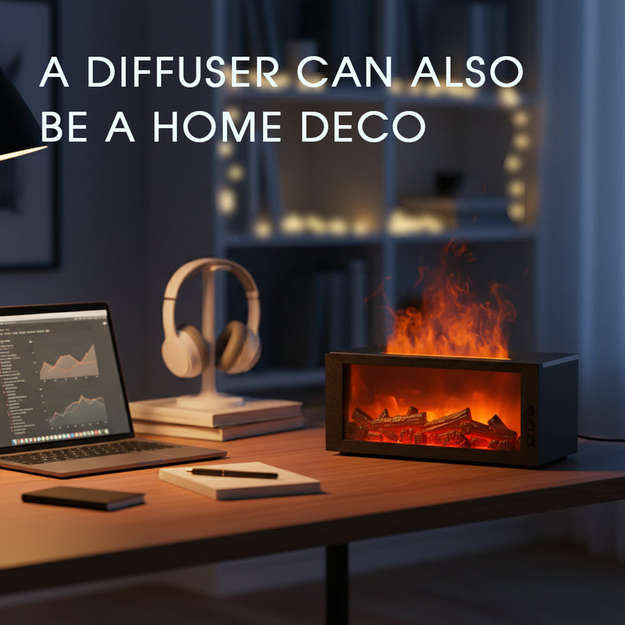 Pniaw fireplace flame diffuser used as home decor on a desk next to a laptop and headphones, creating a warm LED flame and aromatherapy atmosphere.
