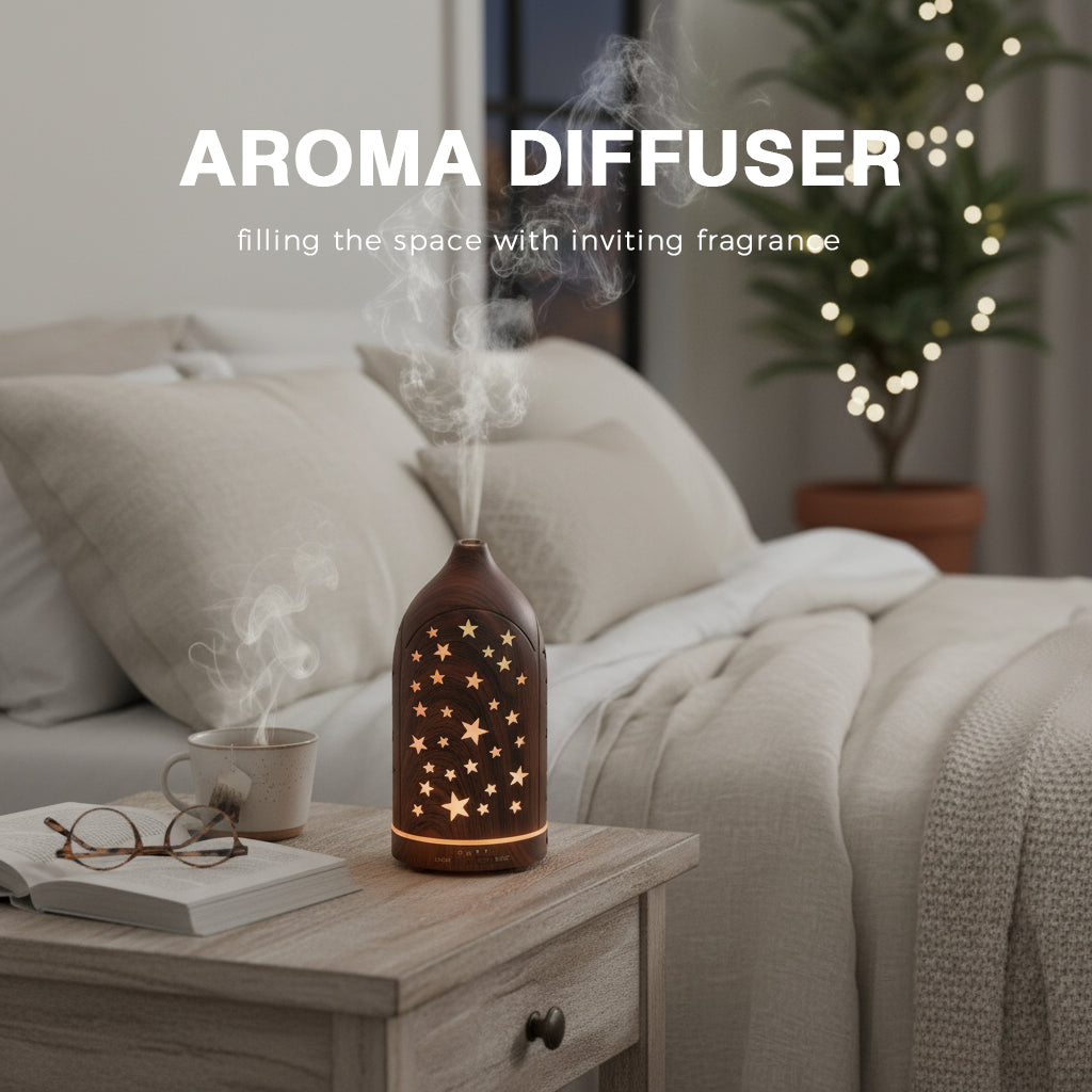 Glowing Star Cutouts Dark Wood Diffuser with Essential Oil Set