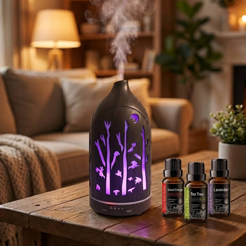 Glowing Forest Cutouts Diffuser | Dark Wood | Ultrasonic Aromatherapy Humidifier with Essential Oils