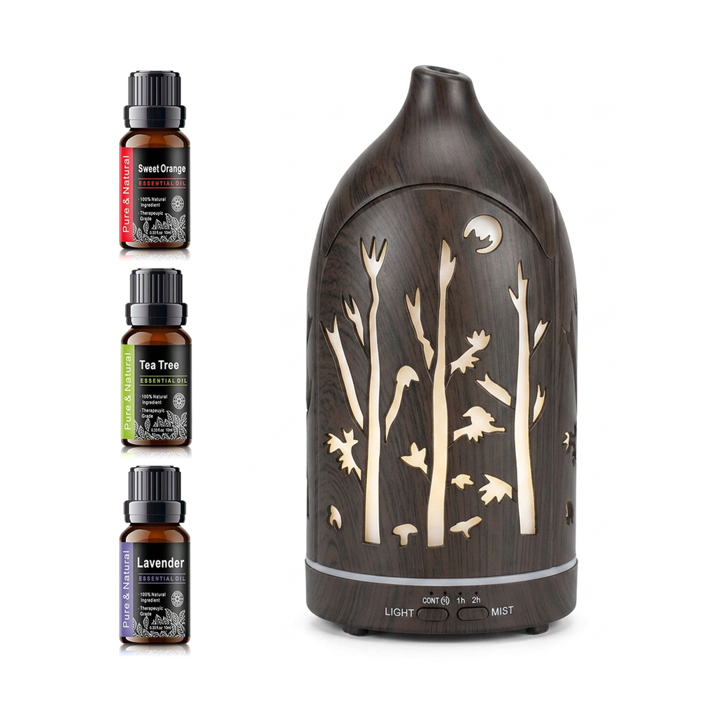 Forest glow laser-cut dark wood diffuser - front view