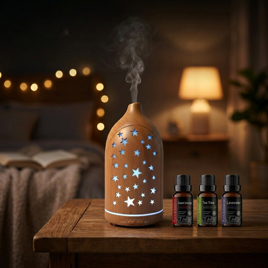 Glowing Star Cutouts Light Wood Diffuser with Essential Oil Set