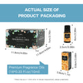 Actual size and dimensions of the LAIFU 16-piece fragrance oil set: gift box (11.8x11.8x7cm) and single 10ml bottle (6x2.5cm), perfect for DIY projects.