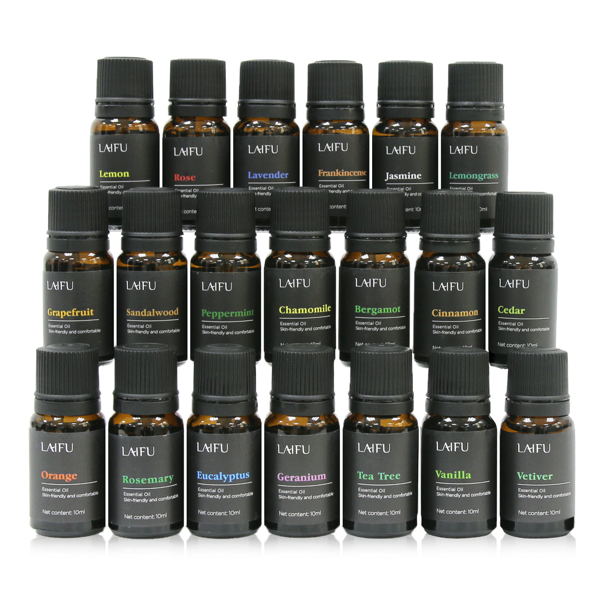 Complete collection of LAIFU 20 essential oils stacked in a pyramid, showcasing labels like Lemon, Rose, Lavender, Chamomile, Eucalyptus, and Vetiver.