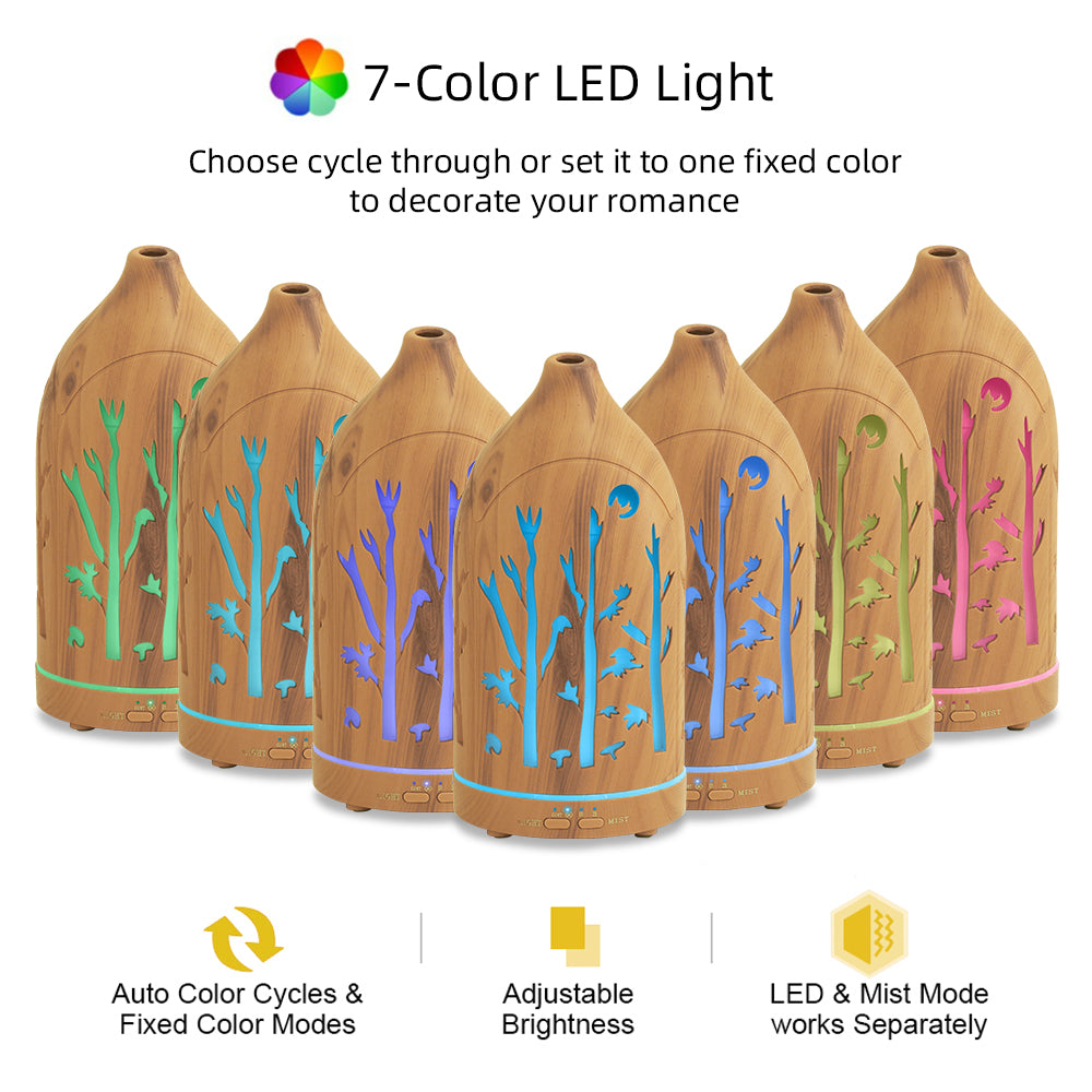 Laser-cut tree pattern detail on wood diffuser- 7 led night light
