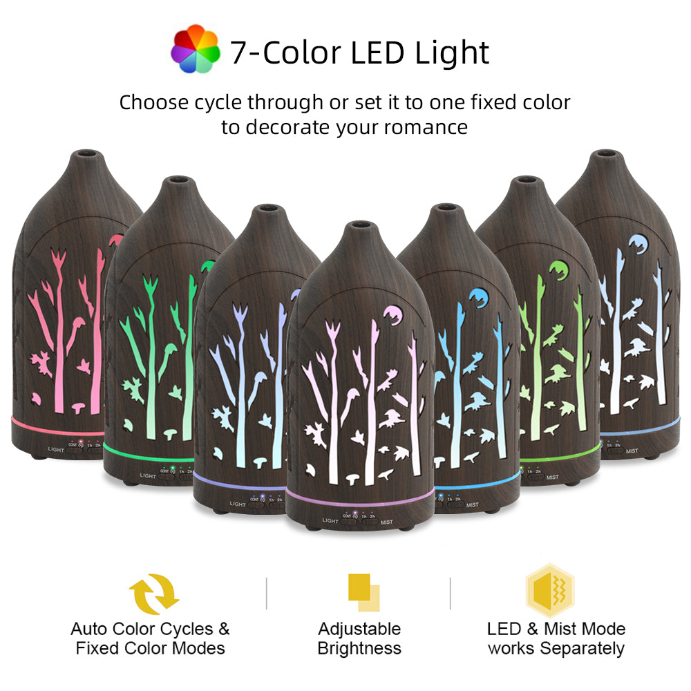 Laser-cut tree pattern detail on dark wood diffuser