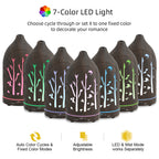 Laser-cut tree pattern detail on dark wood diffuser