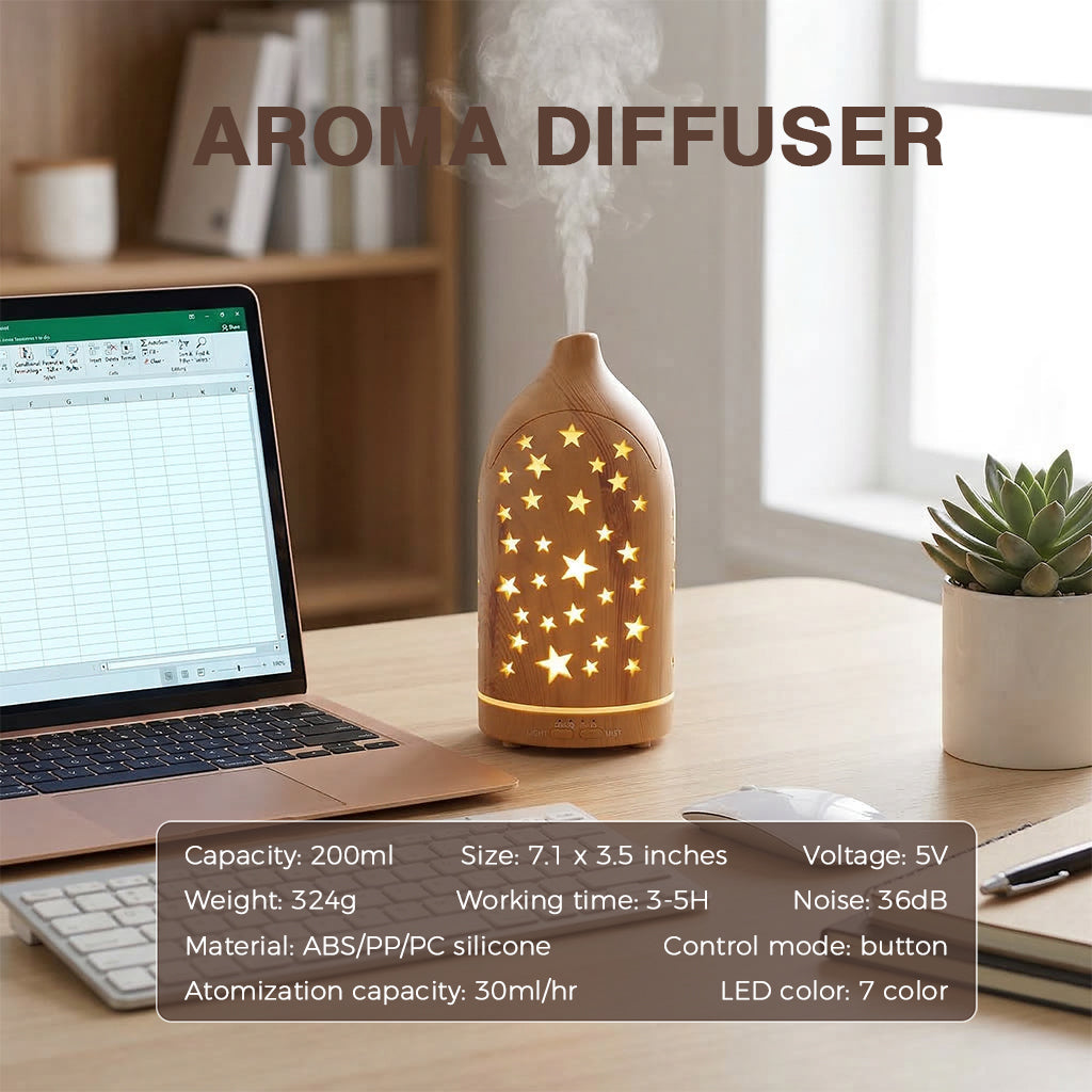 Glowing Star Cutouts Light Wood Diffuser with Essential Oil Set