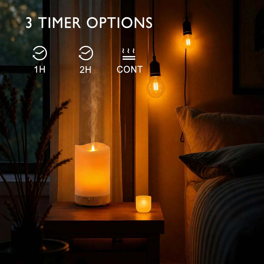 Candle light diffuser on a bedside table highlighting 3 timer options: 1 Hour, 2 Hours, and Continuous mode, perfect for sleeping.