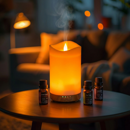 Candle design aromatherapy diffuser glowing warmly with mist in a cozy living room, accompanied by Sweet Orange, Tea Tree, and Lavender essential oil bottles.