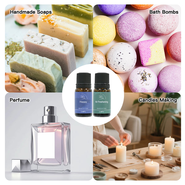 Versatile DIY uses for LAIFU Essential Oils: creating handmade soaps, bath bombs, perfumes, and candles, featuring the Happy and Air Freshening blends.