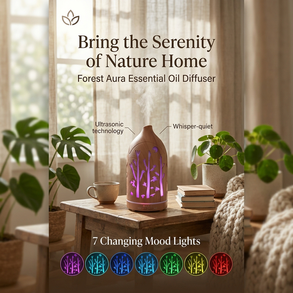 Forest Aura essential oil diffuser in a sunlit room showcasing 7 changing mood lights, ultrasonic technology, and whisper-quiet operation for home serenity.
