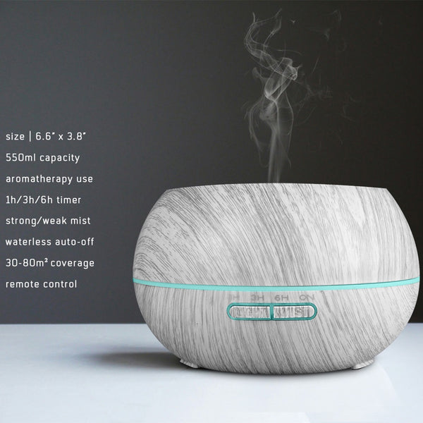 Side view of white wood grain lattice diffuser with key specs: 550ml capacity, 6.6x3.8 inches size, strong/weak mist, waterless auto-off, and 30-80m² coverage.