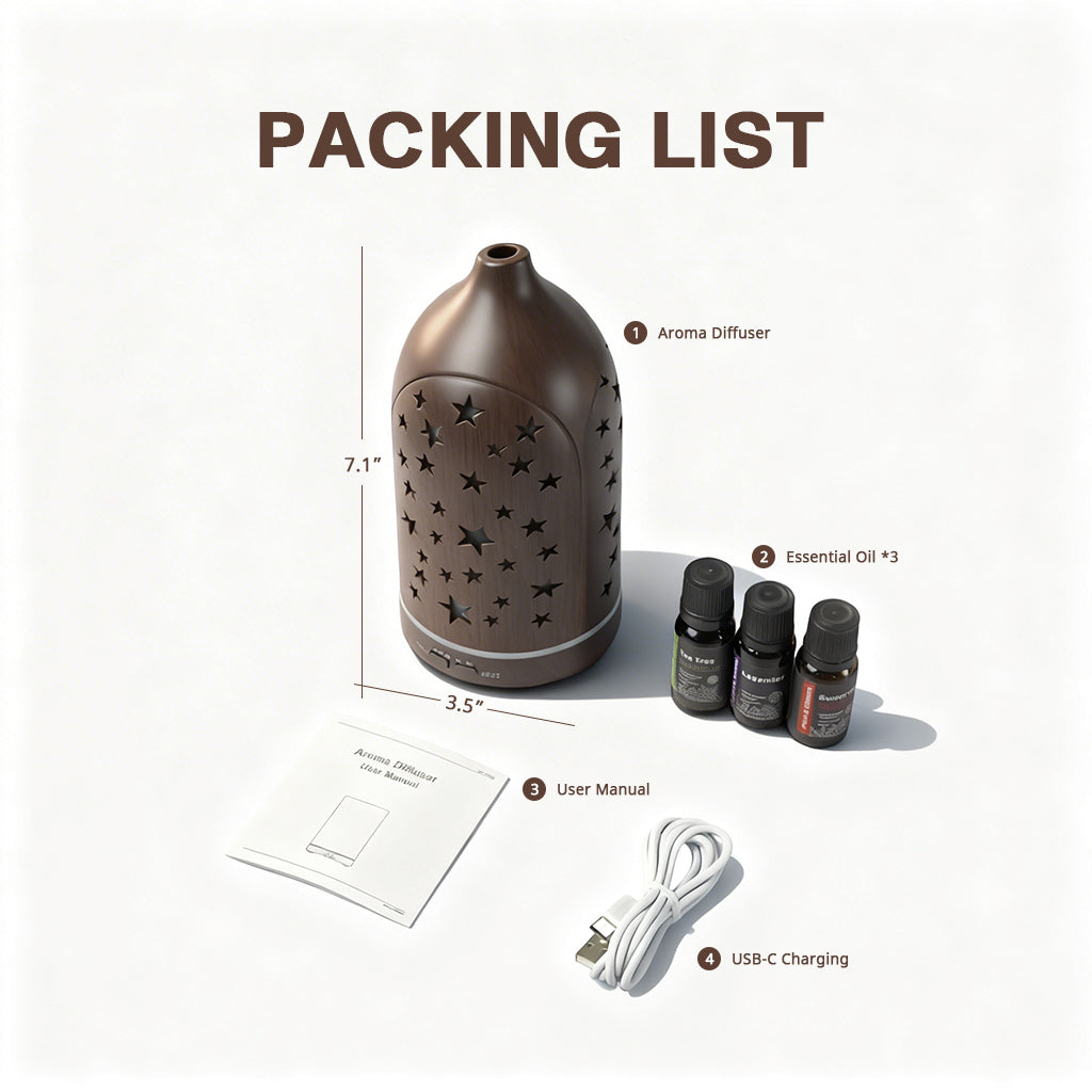 Glowing Star Cutouts Dark Wood Diffuser with Essential Oil Set