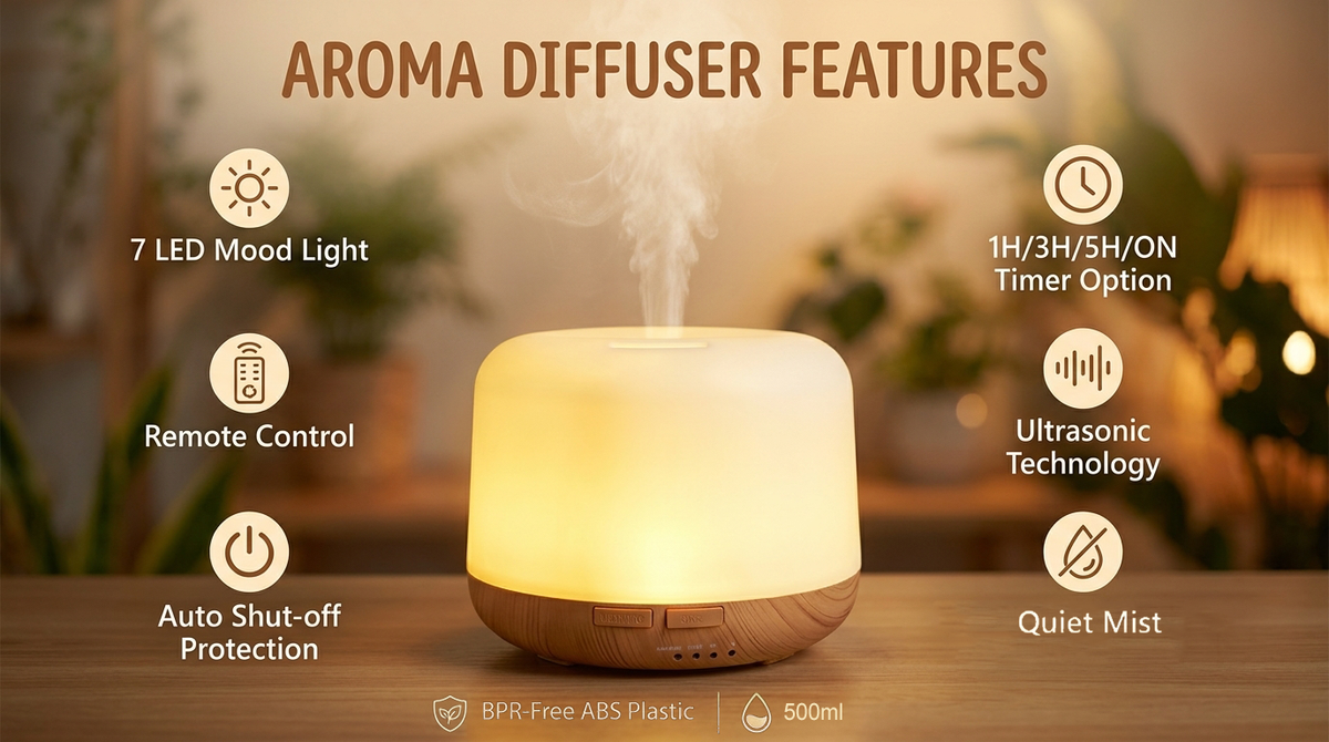 Infographic of Pniaw 500ml aroma diffuser features: 7 LED mood light, remote control, 1H/3H/5H timer, auto shut-off, ultrasonic quiet mist, and BPA-free ABS.