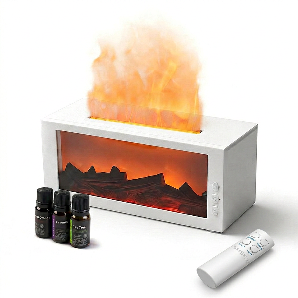 Pniaw fireplace-style ultrasonic diffuser with three essential oil bottles, remote control, and LED fire flame mist effect on white background.