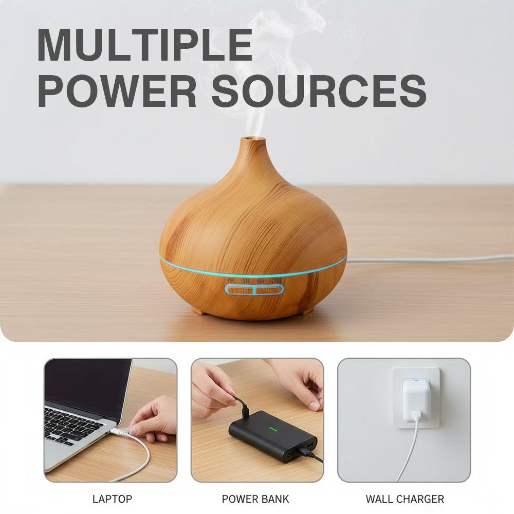 Power button detail on wood grain diffuser