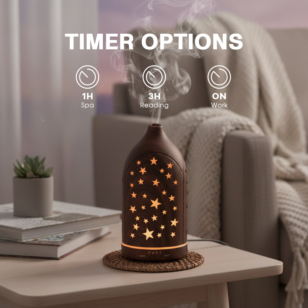 Glowing Star Cutouts Dark Wood Diffuser with Essential Oil Set