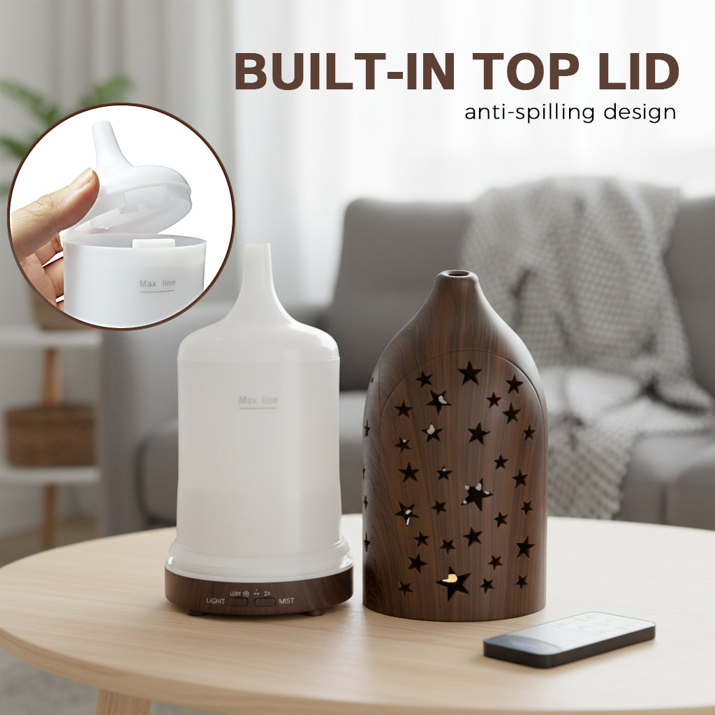 Glowing Star Cutouts Dark Wood Diffuser with Essential Oil Set