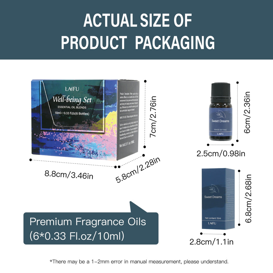 Actual size and dimensions of the LAIFU Well-being Set: gift box (8.8x5.8x7cm), single 10ml bottle (6x2.5cm), and single paper box (6.8x2.8cm).